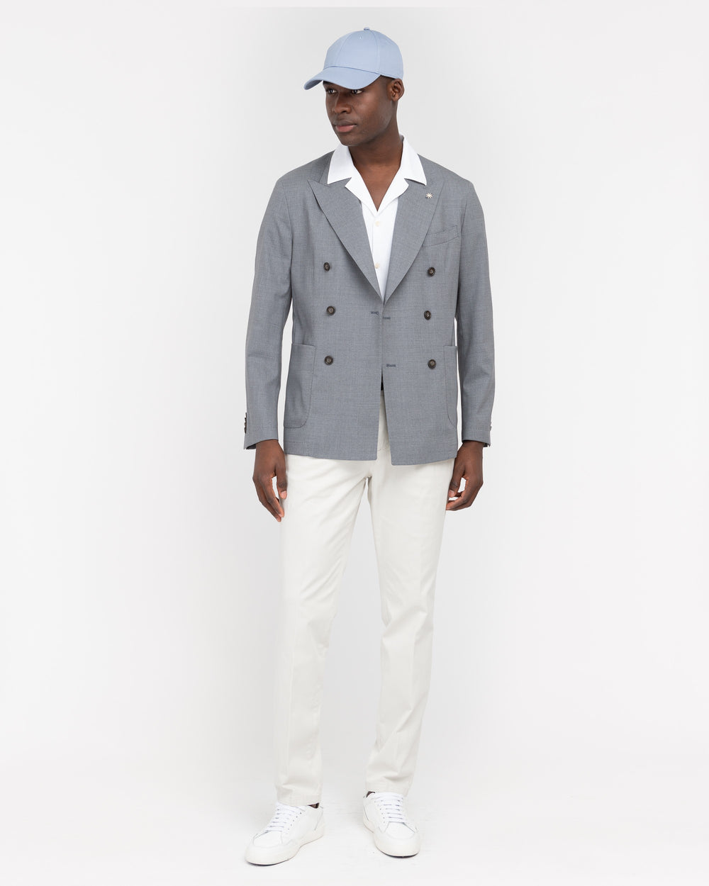 gray stretch cool wool double breasted blazer