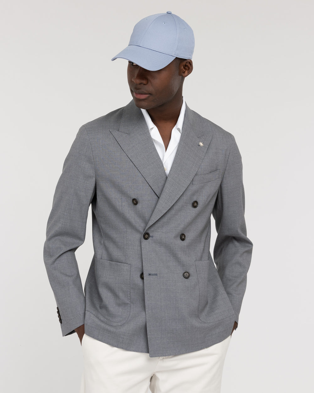 gray stretch cool wool double breasted blazer