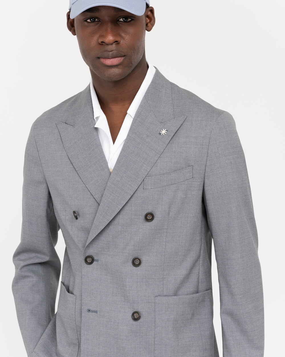 gray stretch cool wool double breasted blazer