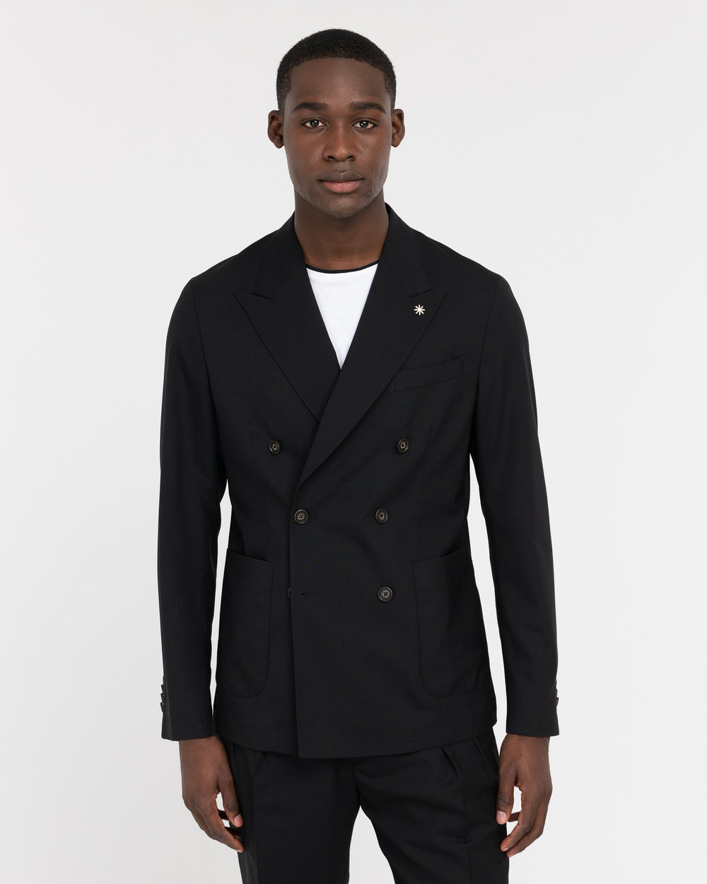 black stretch cool wool double breasted blazer