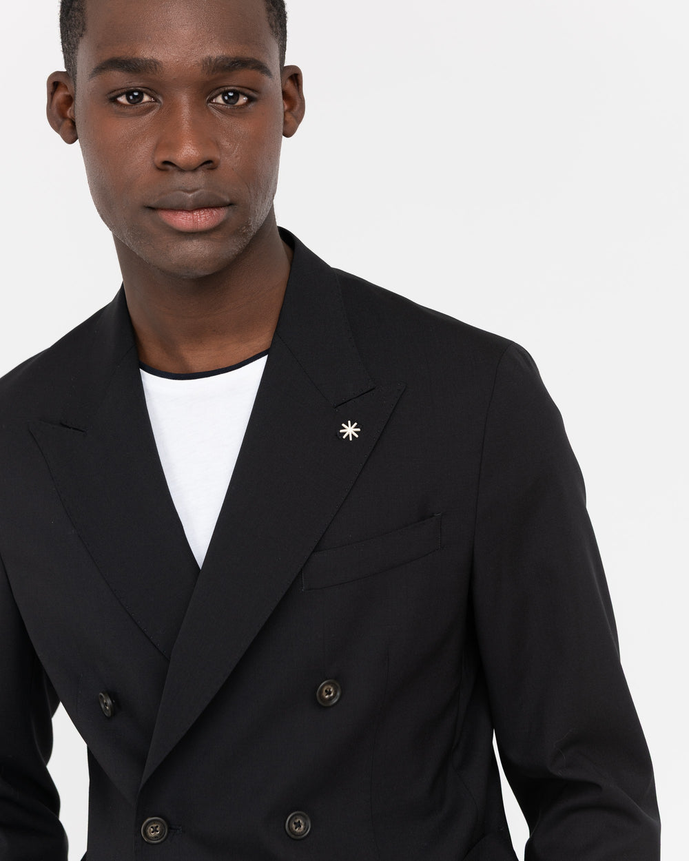 black stretch cool wool double breasted blazer