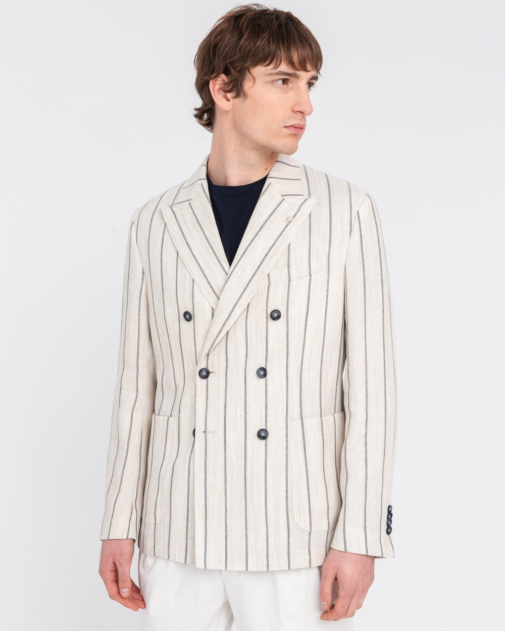 beige linen blend double breasted regimental blazer