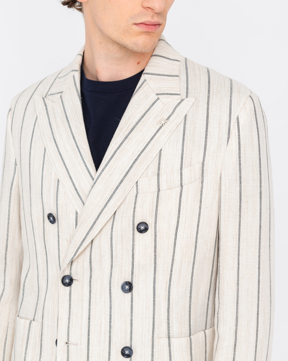 beige linen blend double breasted regimental blazer