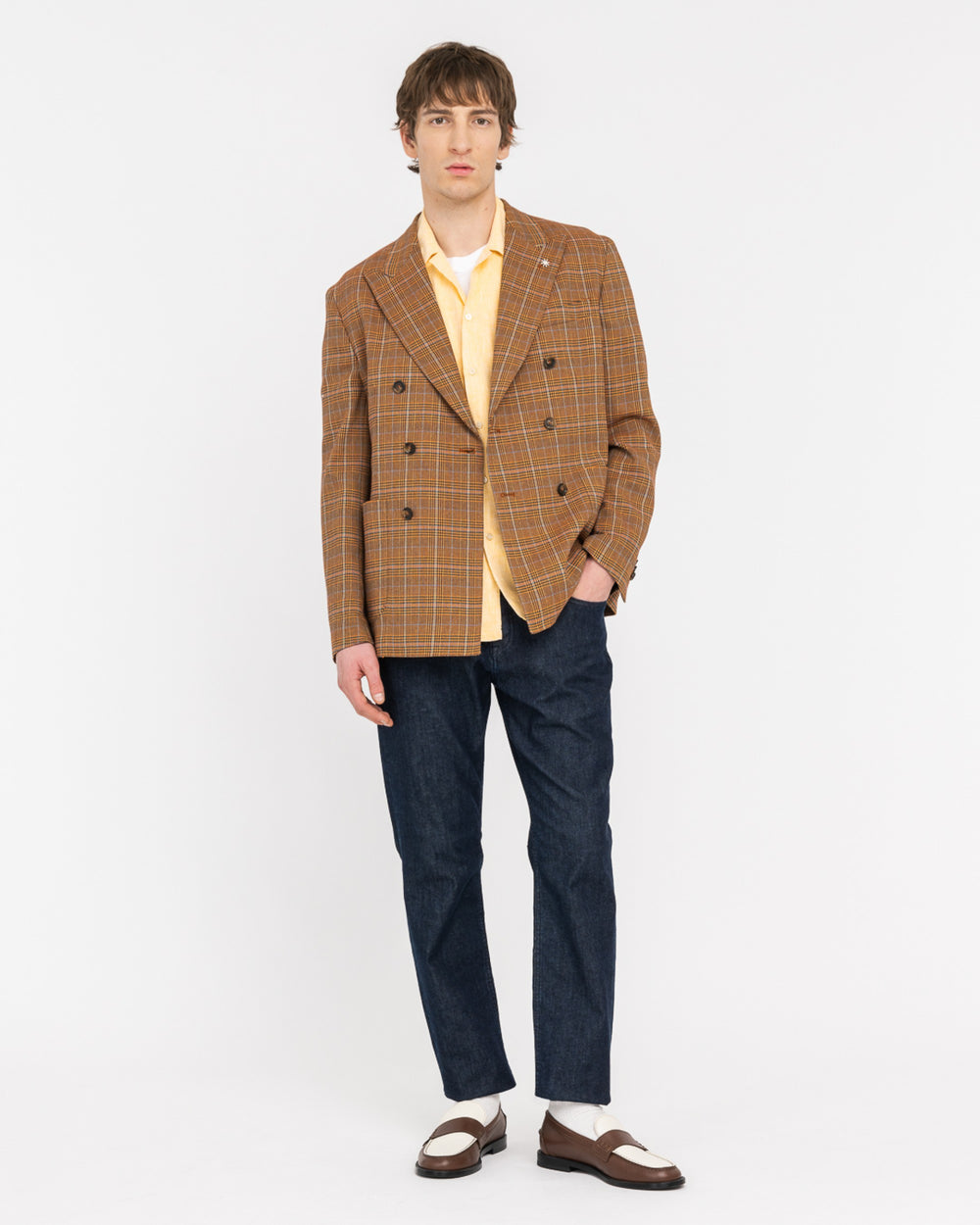 brown prince of wales double breasted blazer