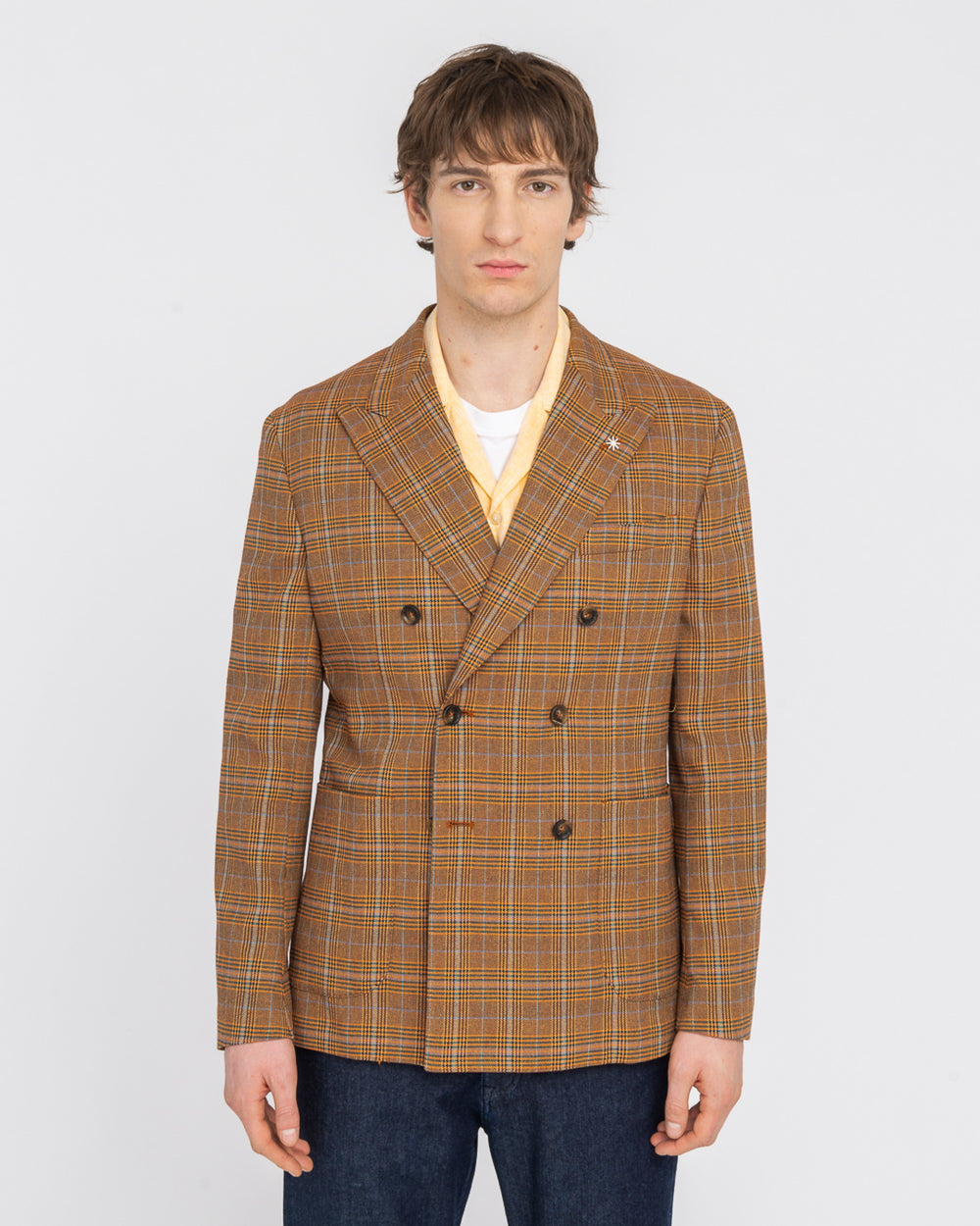 brown prince of wales double breasted blazer