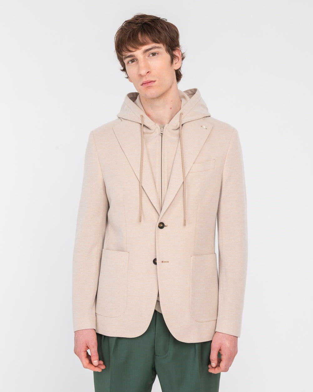 beige hooded blazer jersey cotton piqué