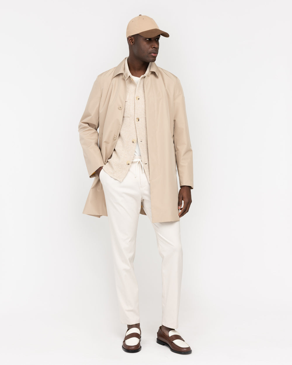 beige technical microfibre trench coat