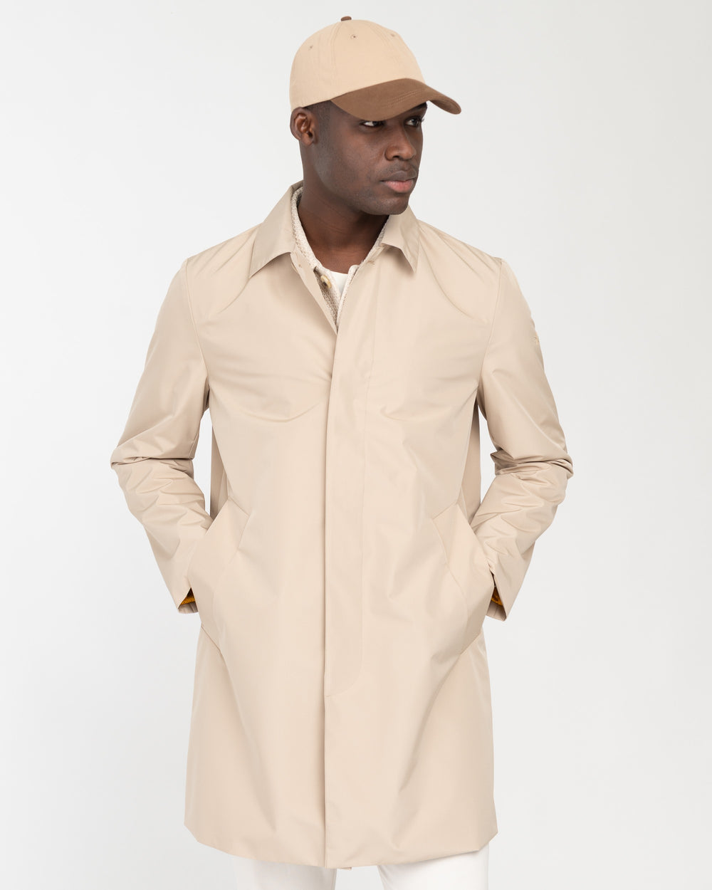 beige technical microfibre trench coat