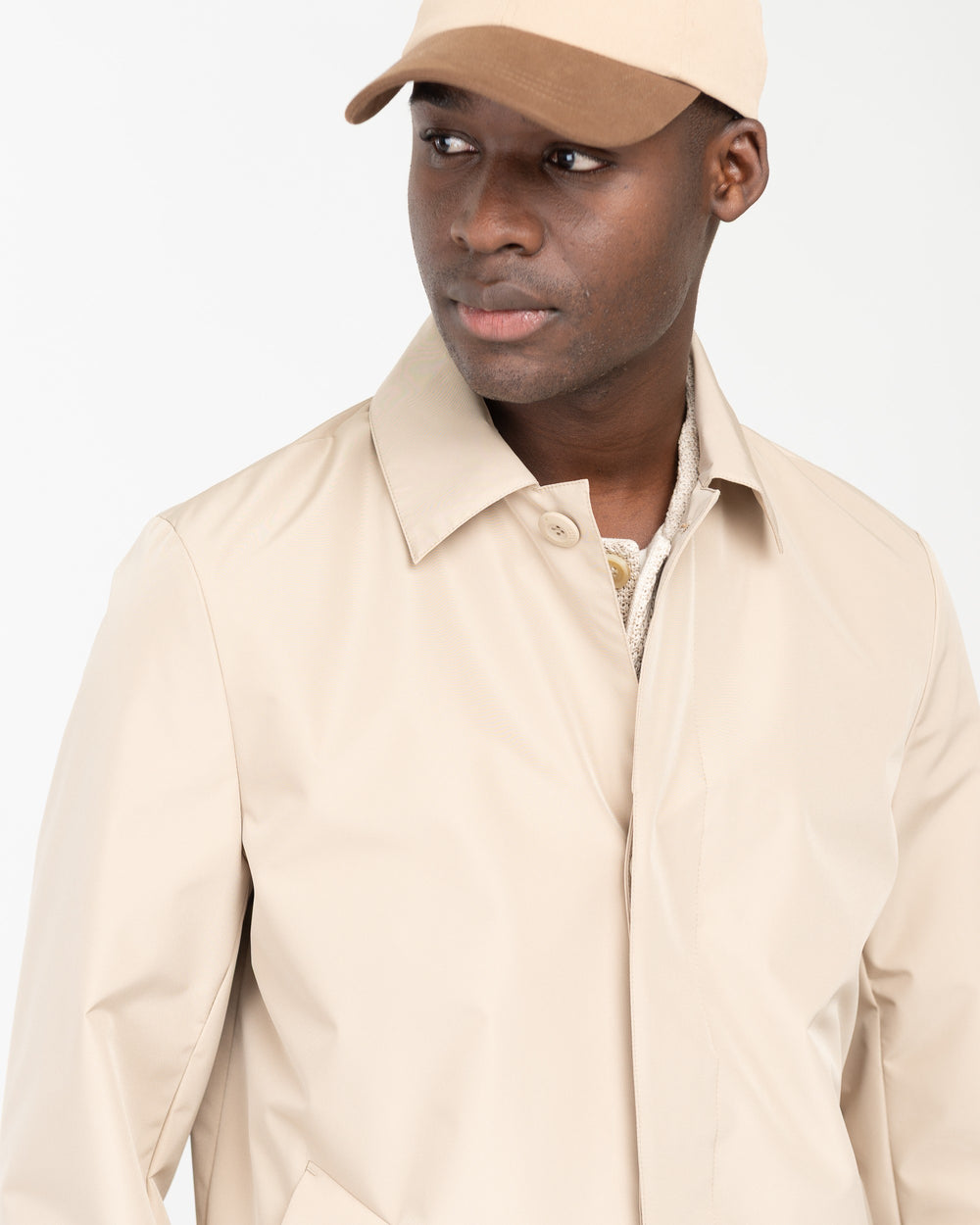 beige technical microfibre trench coat