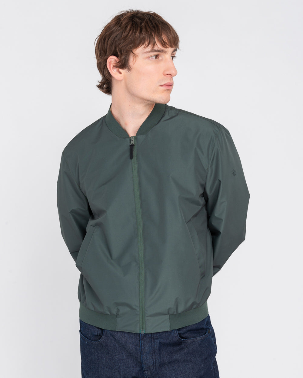 green technical microfibre bomber jacket