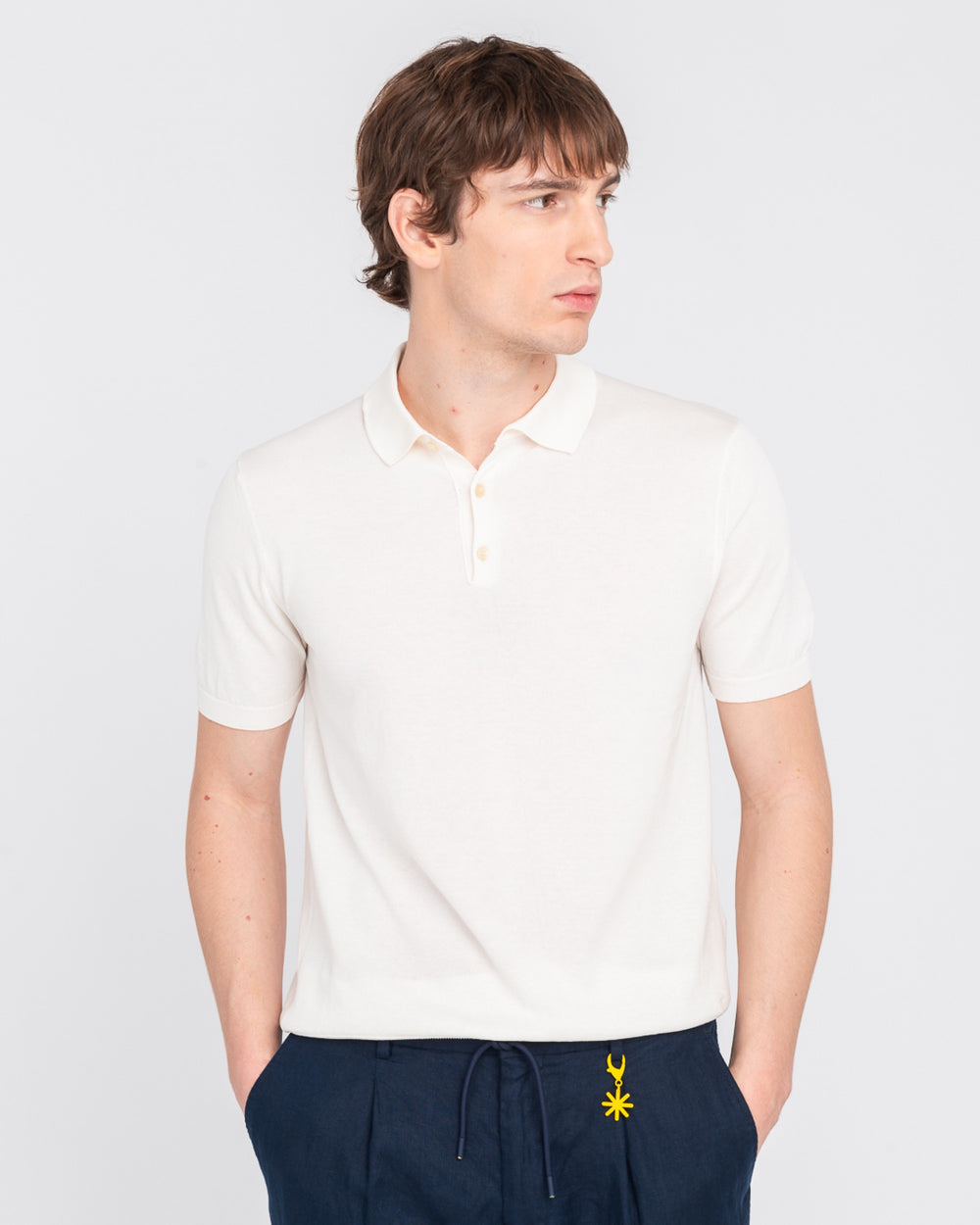 white cotton knit polo shirt