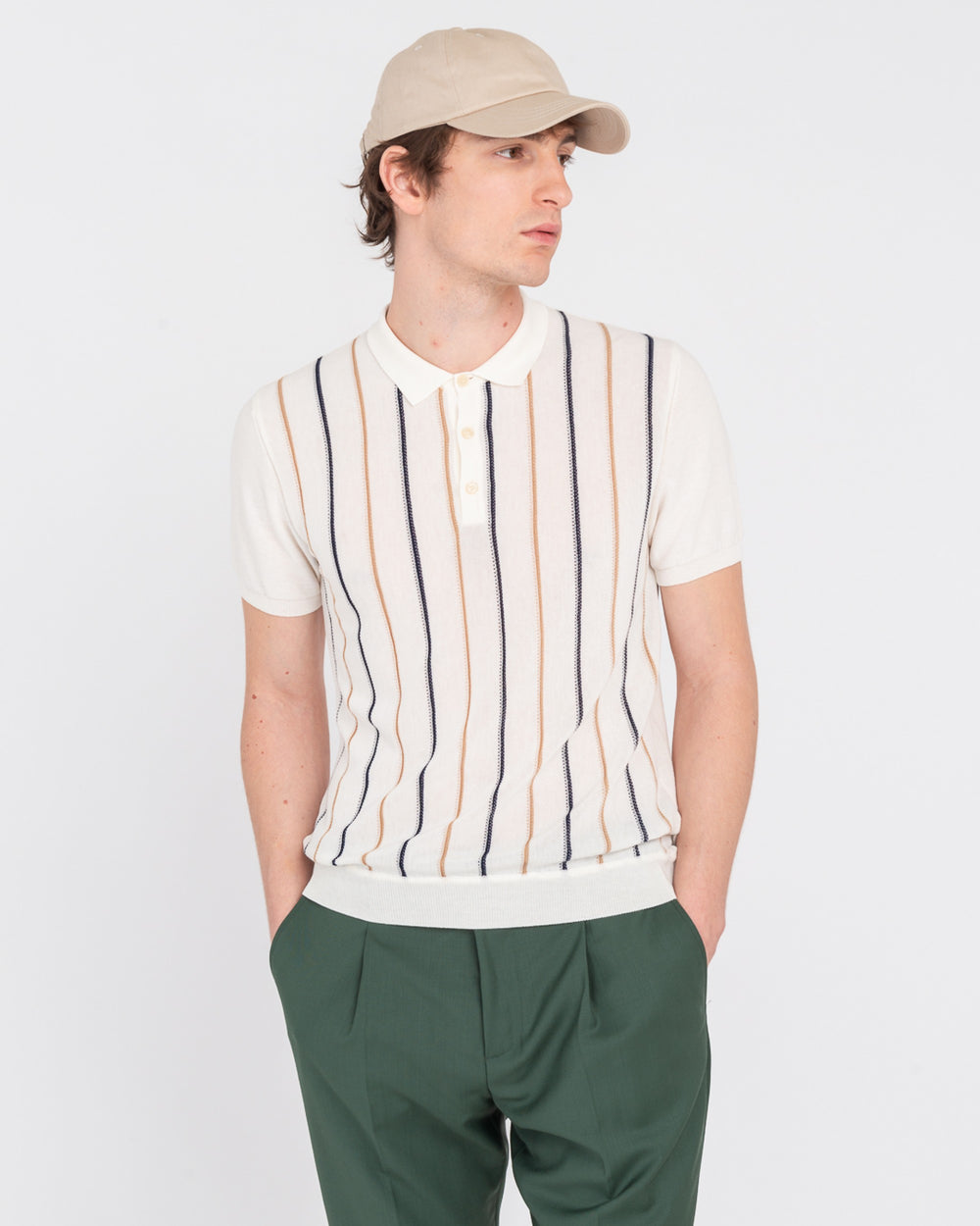 white pinstriped cotton knit polo shirt