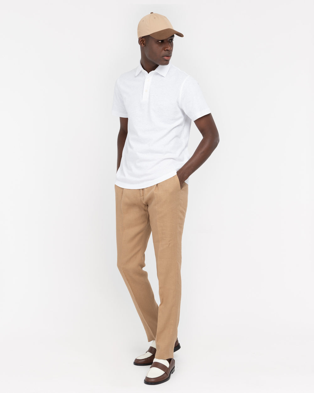 white cotton linen jersey polo shirt