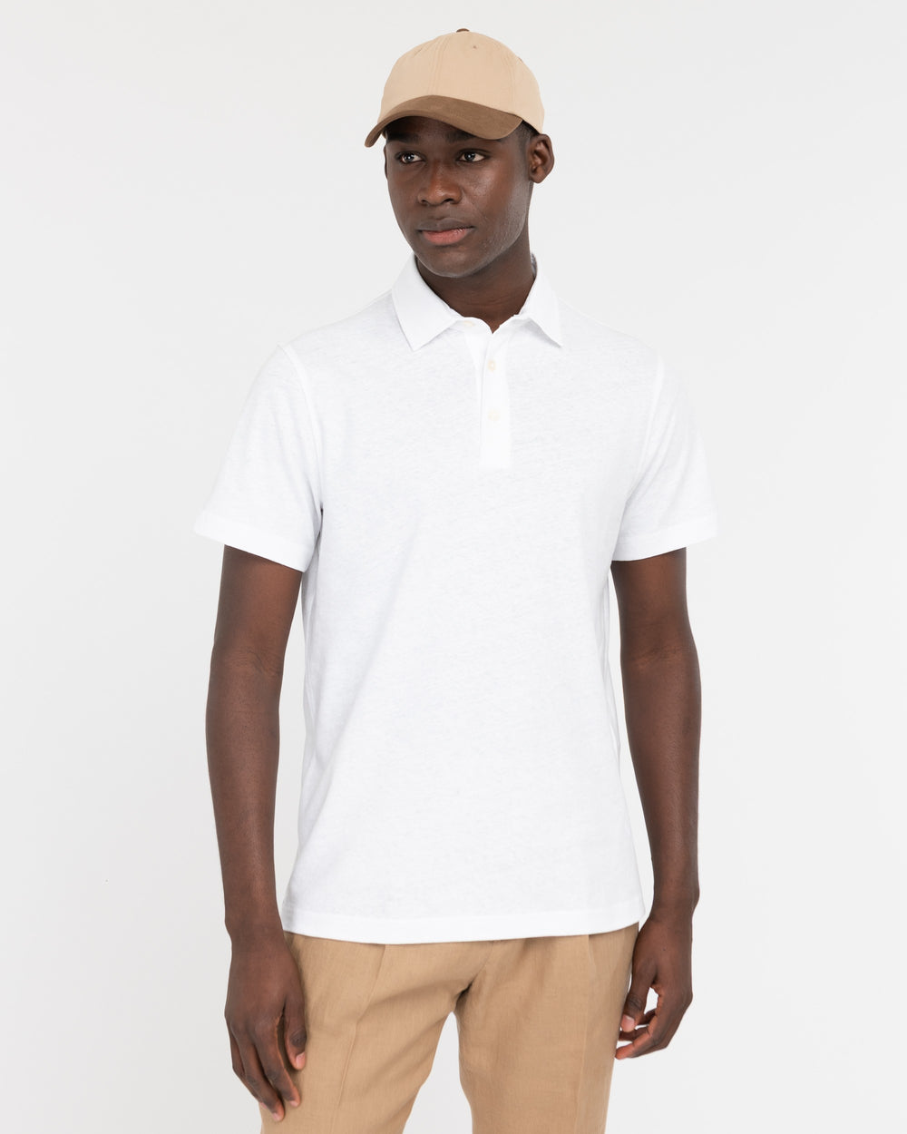 white cotton linen jersey polo shirt