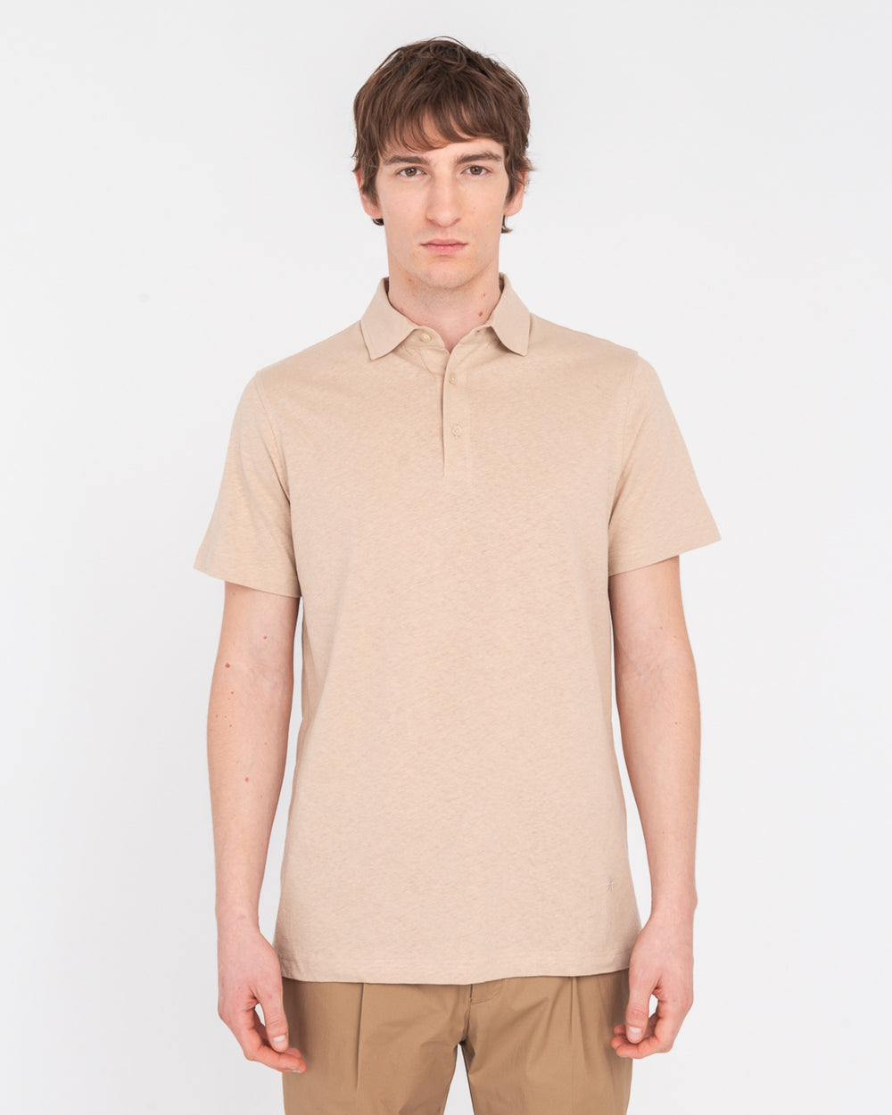 beige cotton linen jersey polo shirt