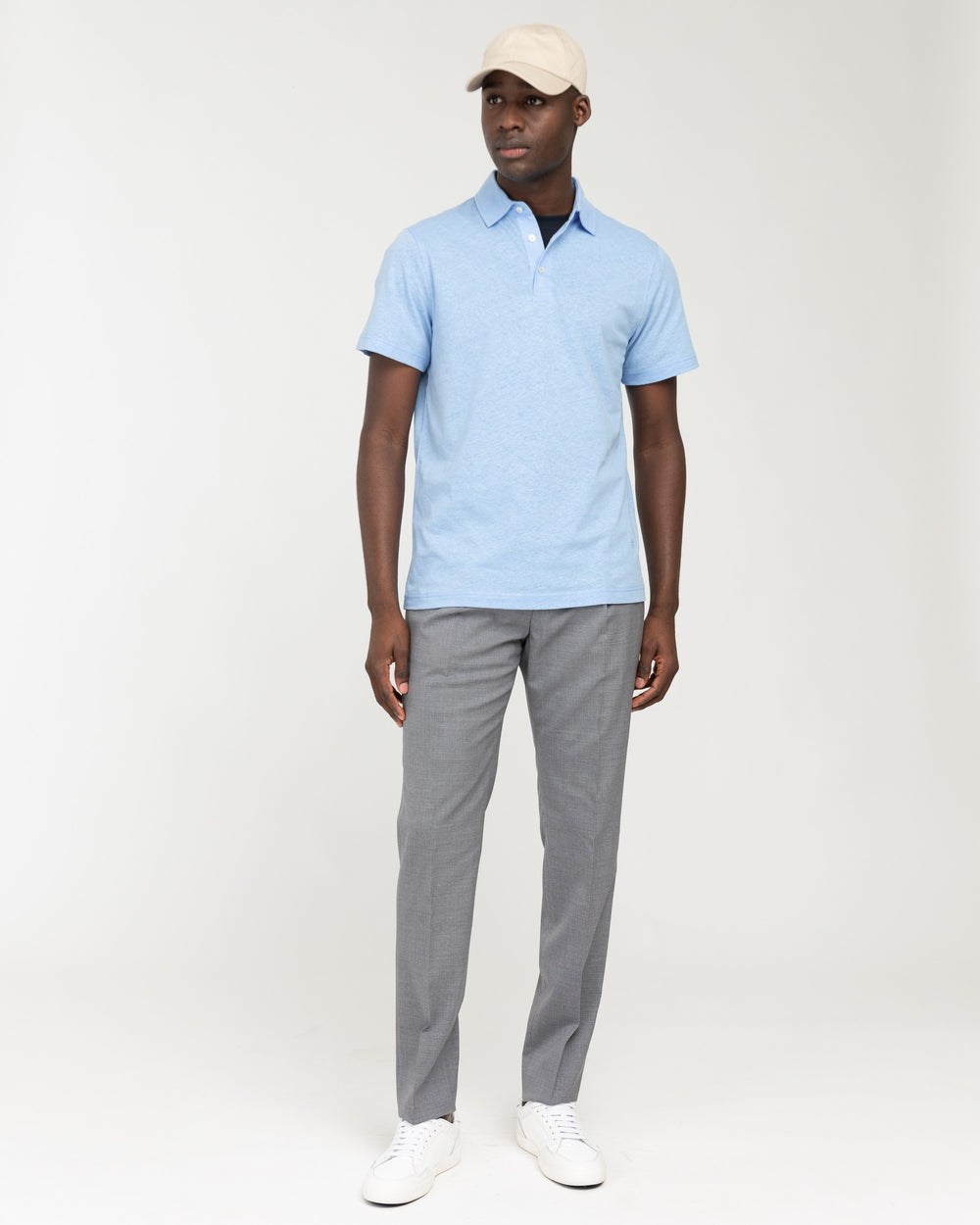 light blue cotton linen jersey polo shirt