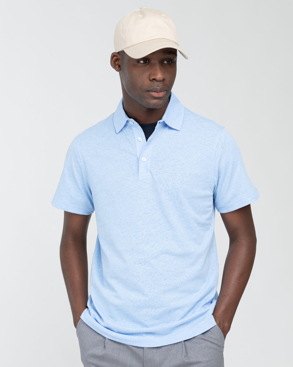 light blue cotton linen jersey polo shirt