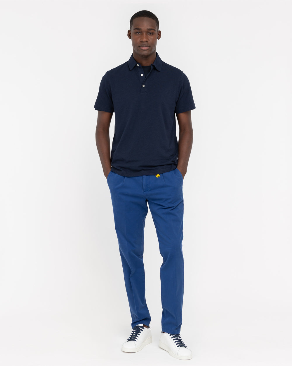 blue cotton linen jersey polo shirt