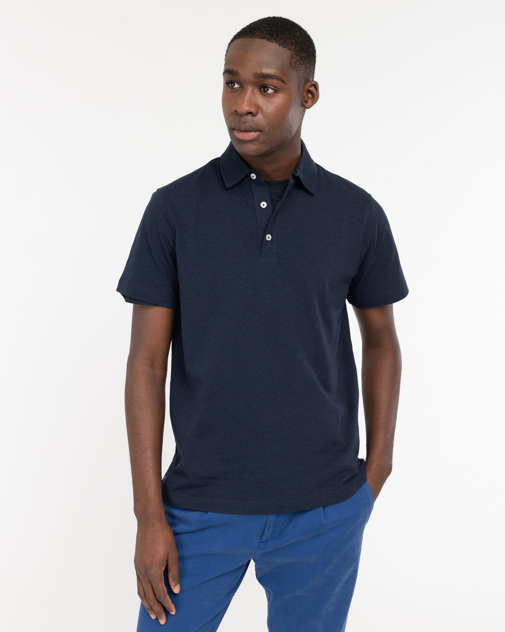 blue cotton linen jersey polo shirt