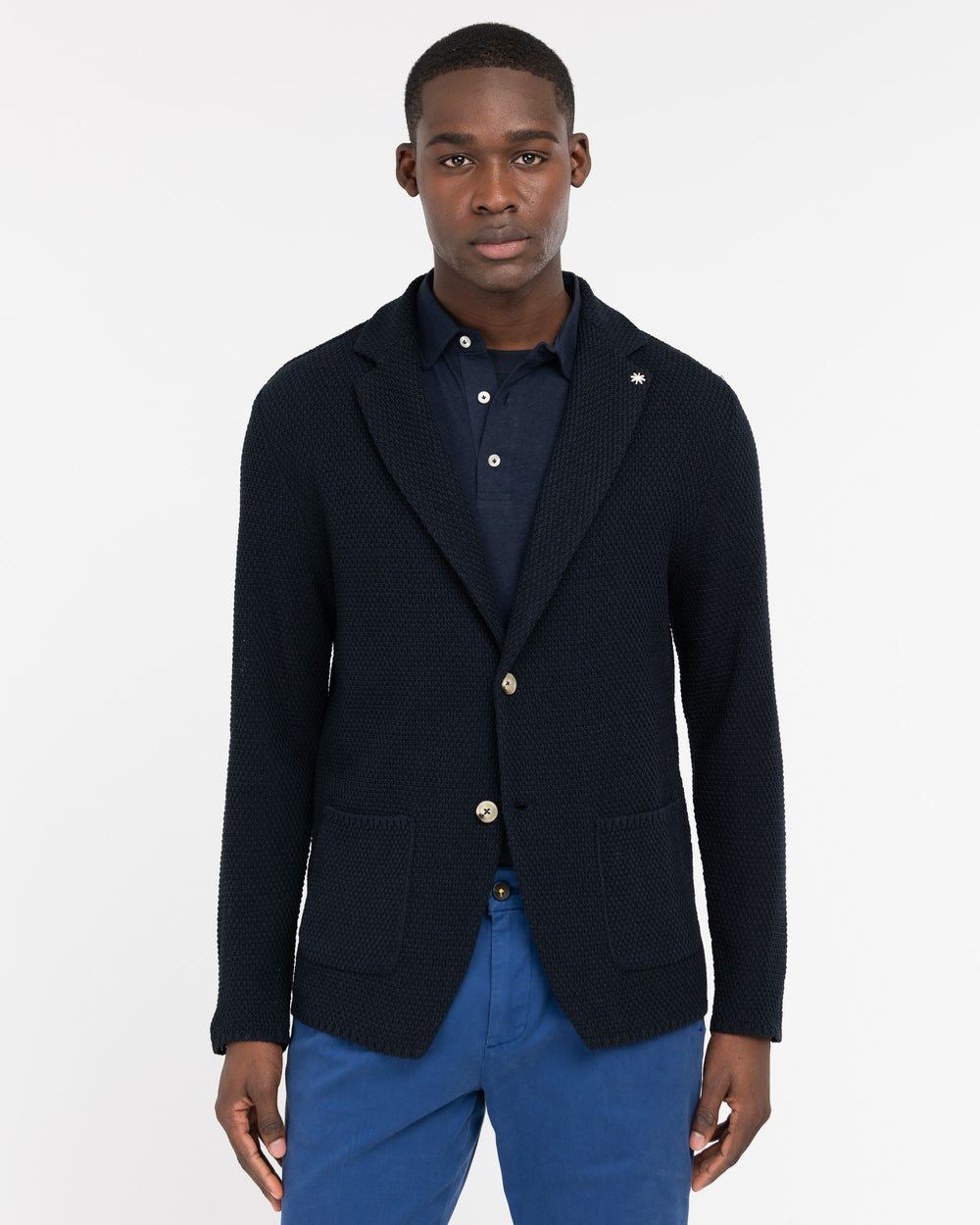 blue cotton blend knitted jacket