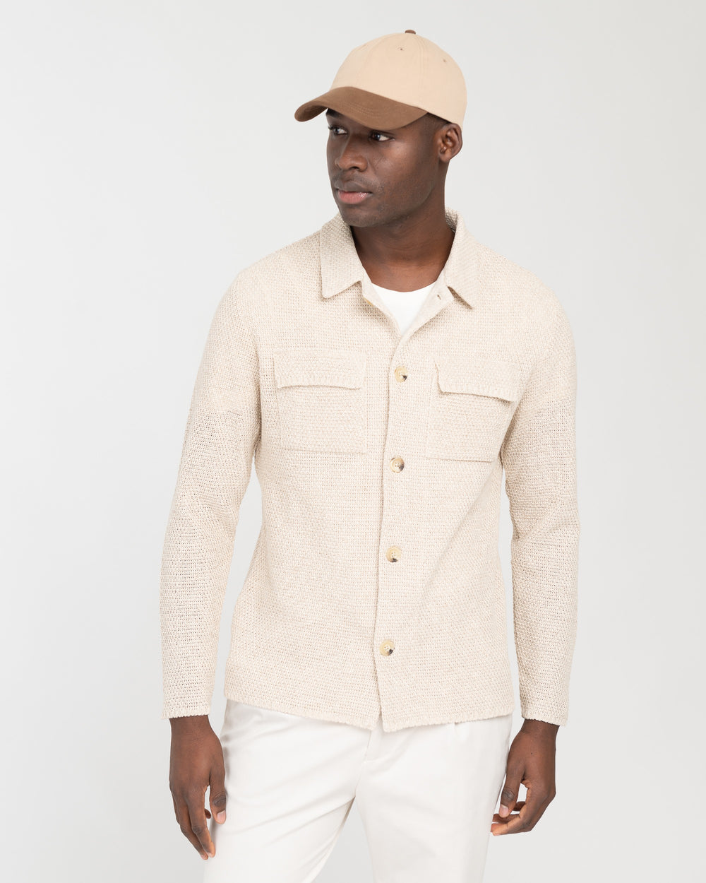 beige cotton knit overshirt