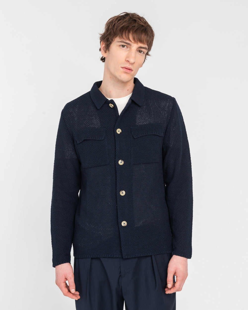 blue cotton knit overshirt