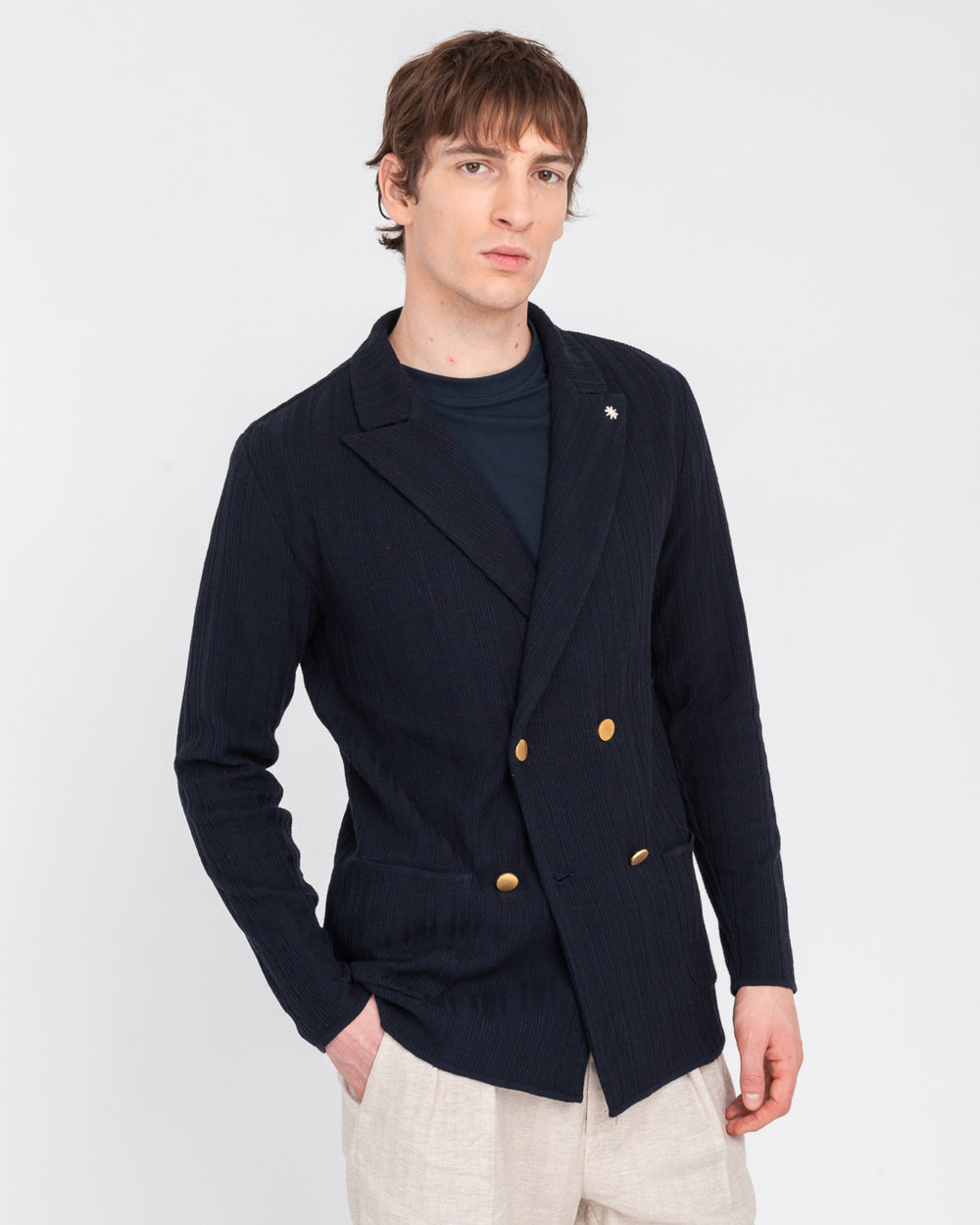 blue resca cotton double breasted knitted jacket