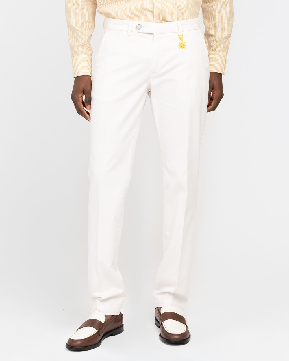 white slim stretch cotton twill trousers