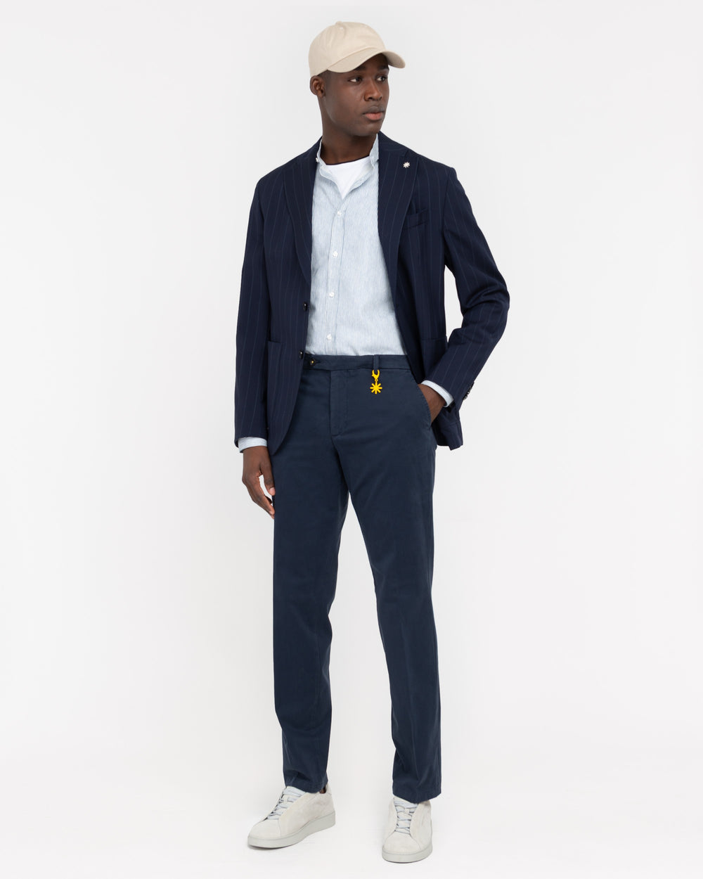 blue slim stretch cotton twill trousers