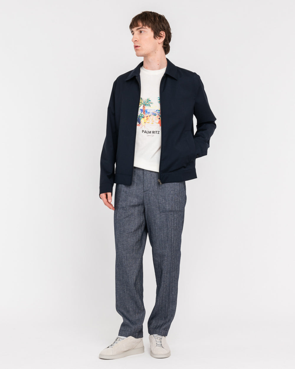 blue fatigue chevron linen cotton trousers