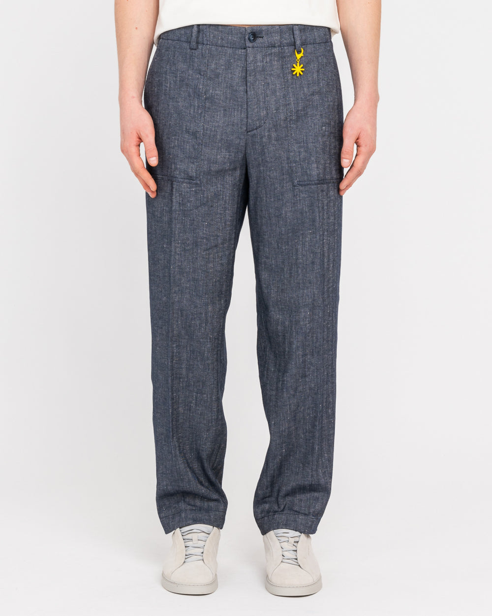 blue fatigue chevron linen cotton trousers