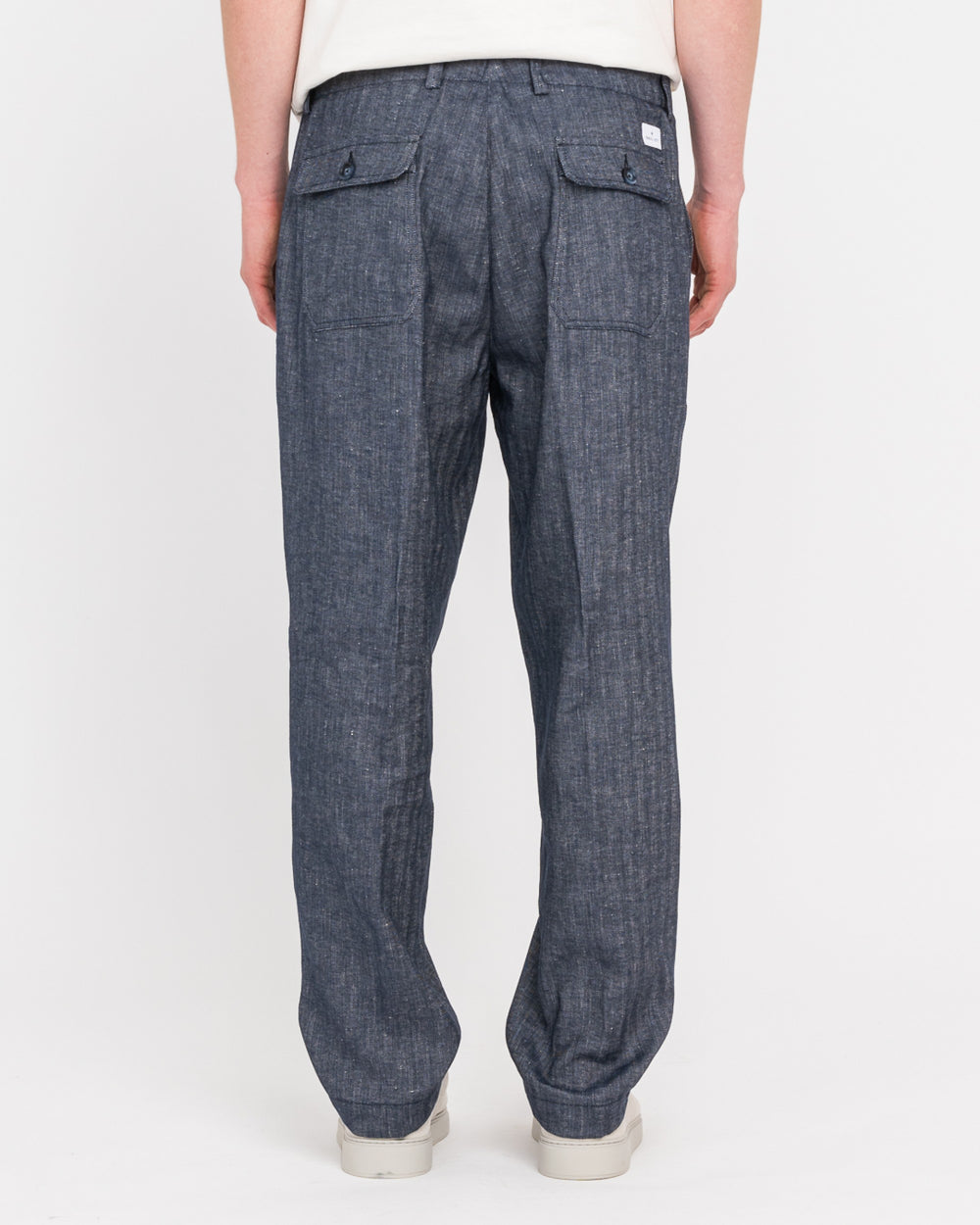 blue fatigue chevron linen cotton trousers