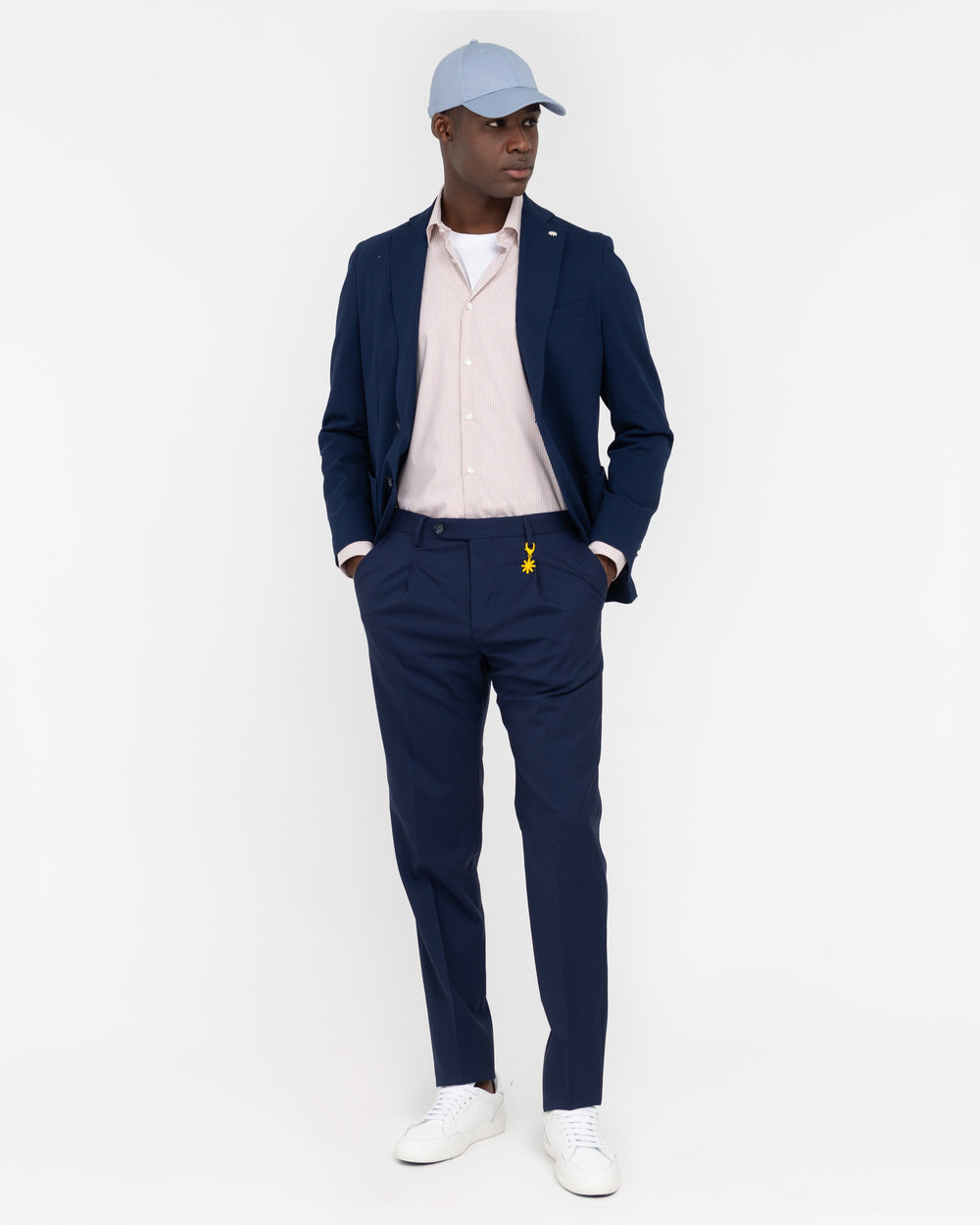 blue stretch wool cool pleated trousers