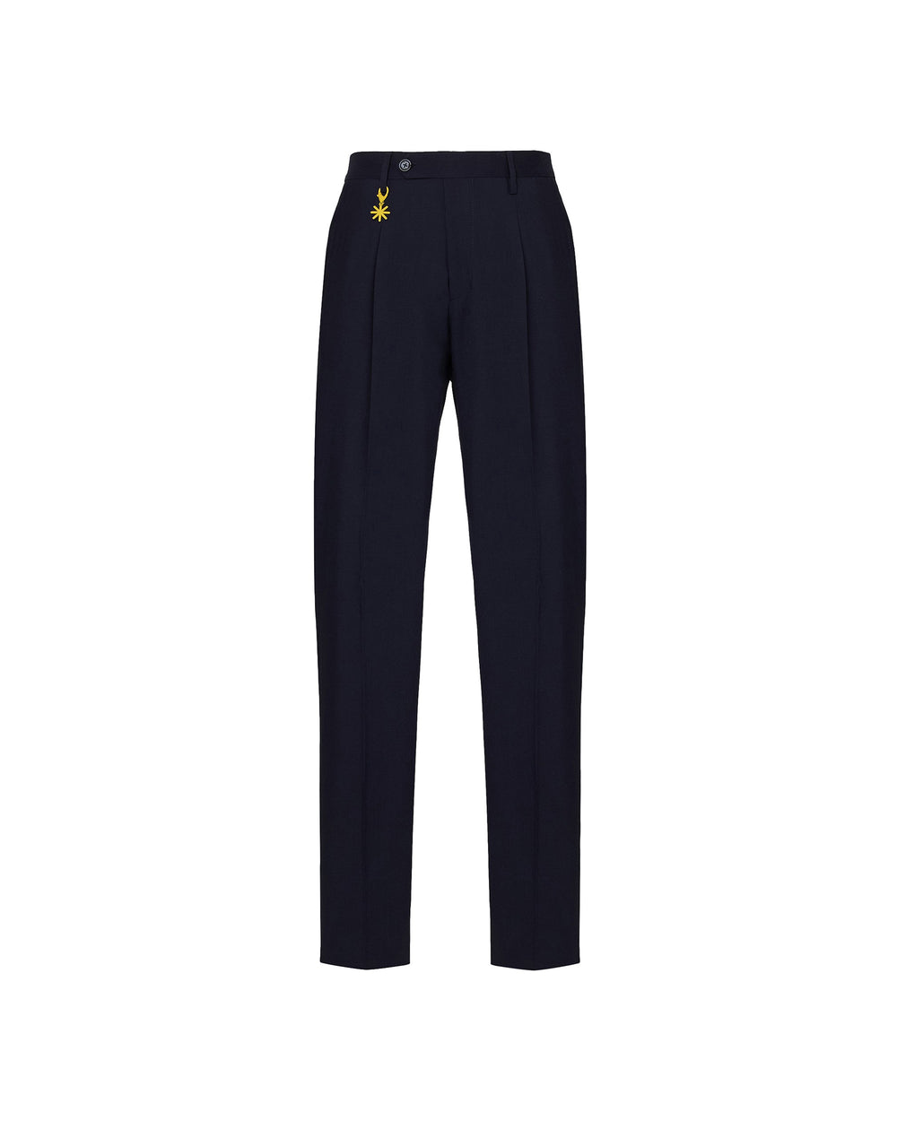 blue stretch wool cool pleated trousers