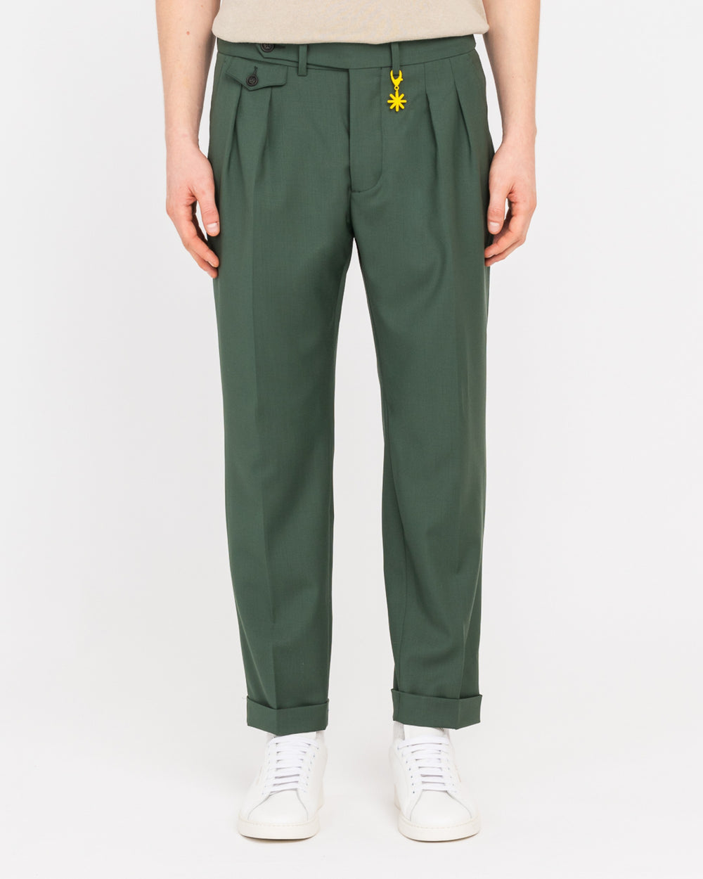 green stretch cool wool double pleat trousers