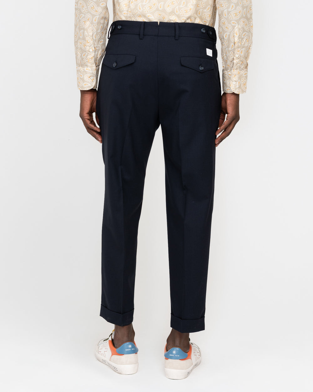 blue stretch cool wool double pleat trousers