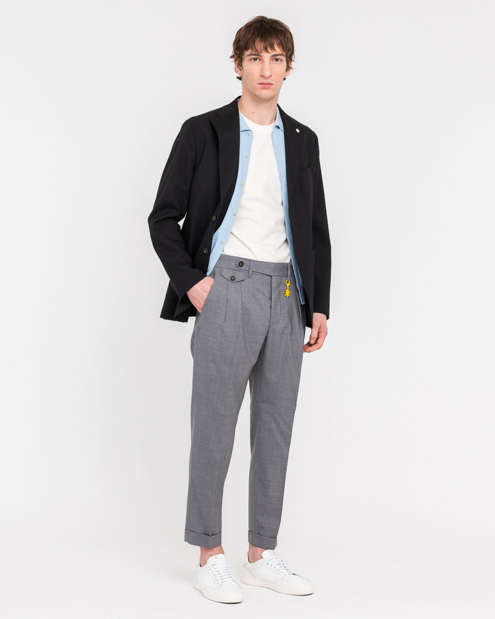 gray stretch cool wool double pleat trousers