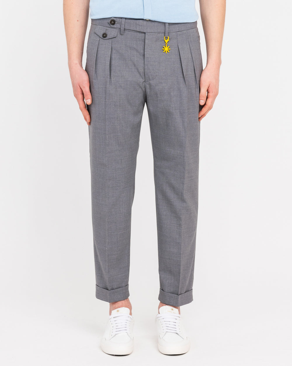 gray stretch cool wool double pleat trousers