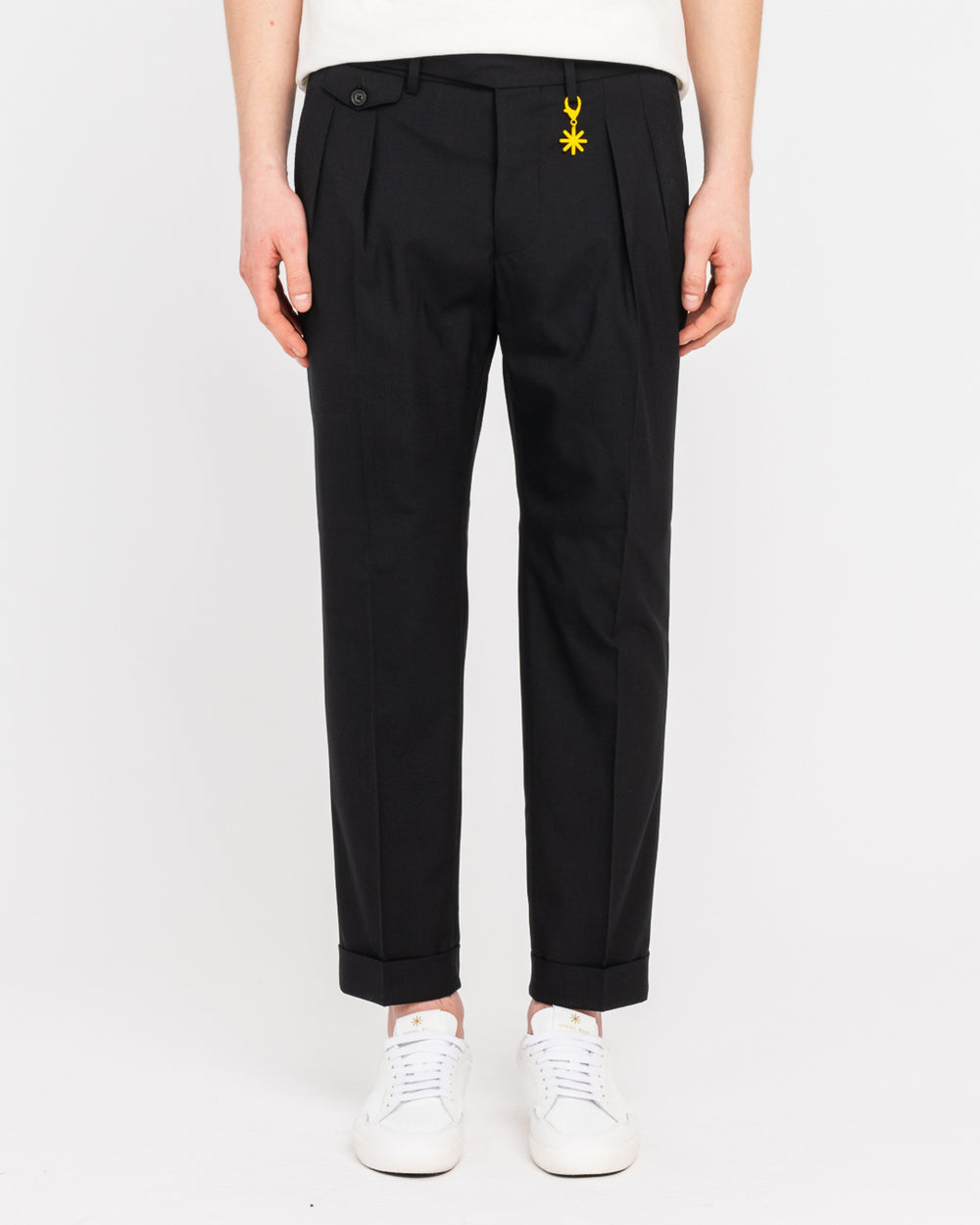 black stretch cool wool double pleat trousers