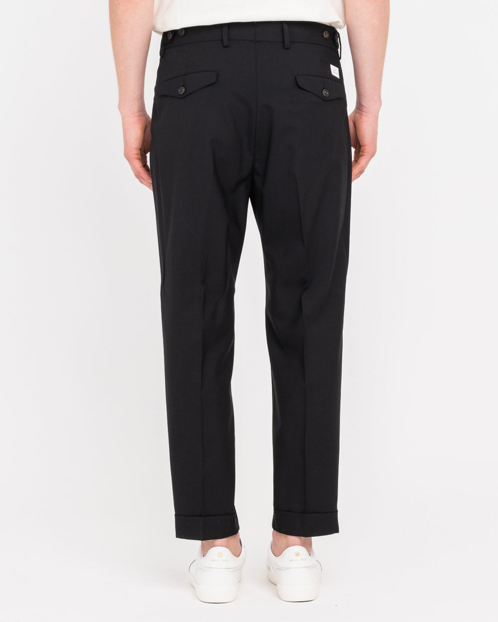 black stretch cool wool double pleat trousers