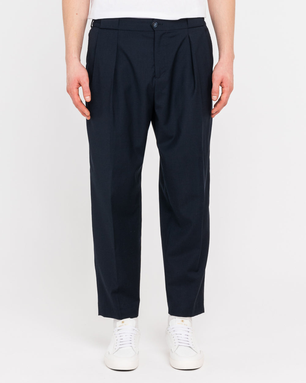 blue stretch cool wool double pleat trousers