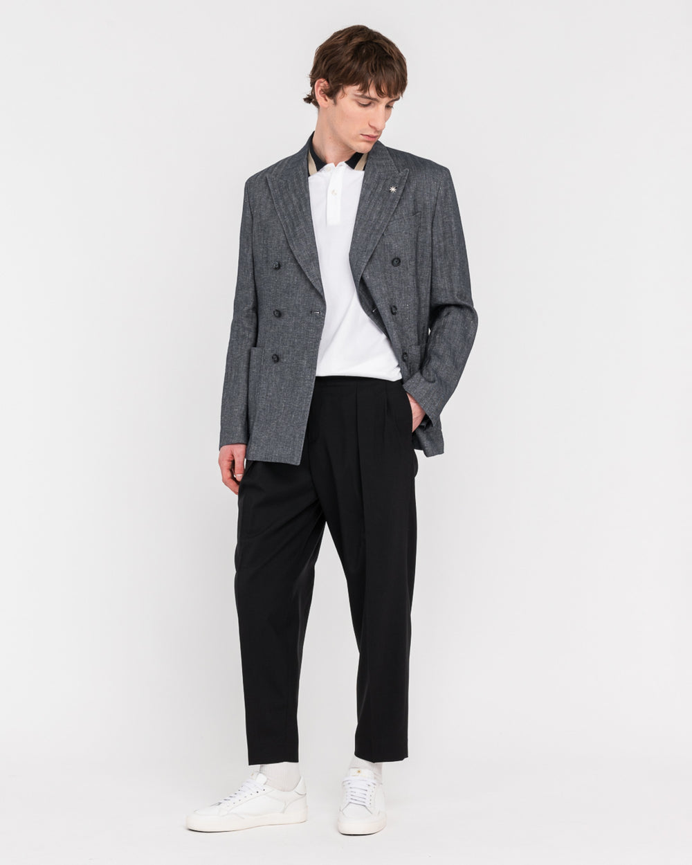 black stretch cool wool double pleat trousers