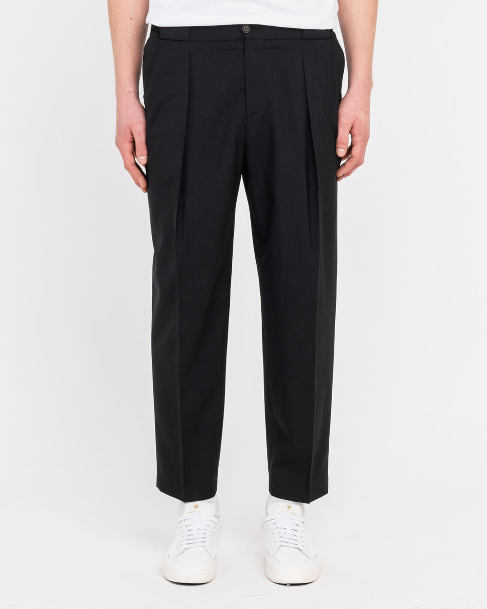 black stretch cool wool double pleat trousers