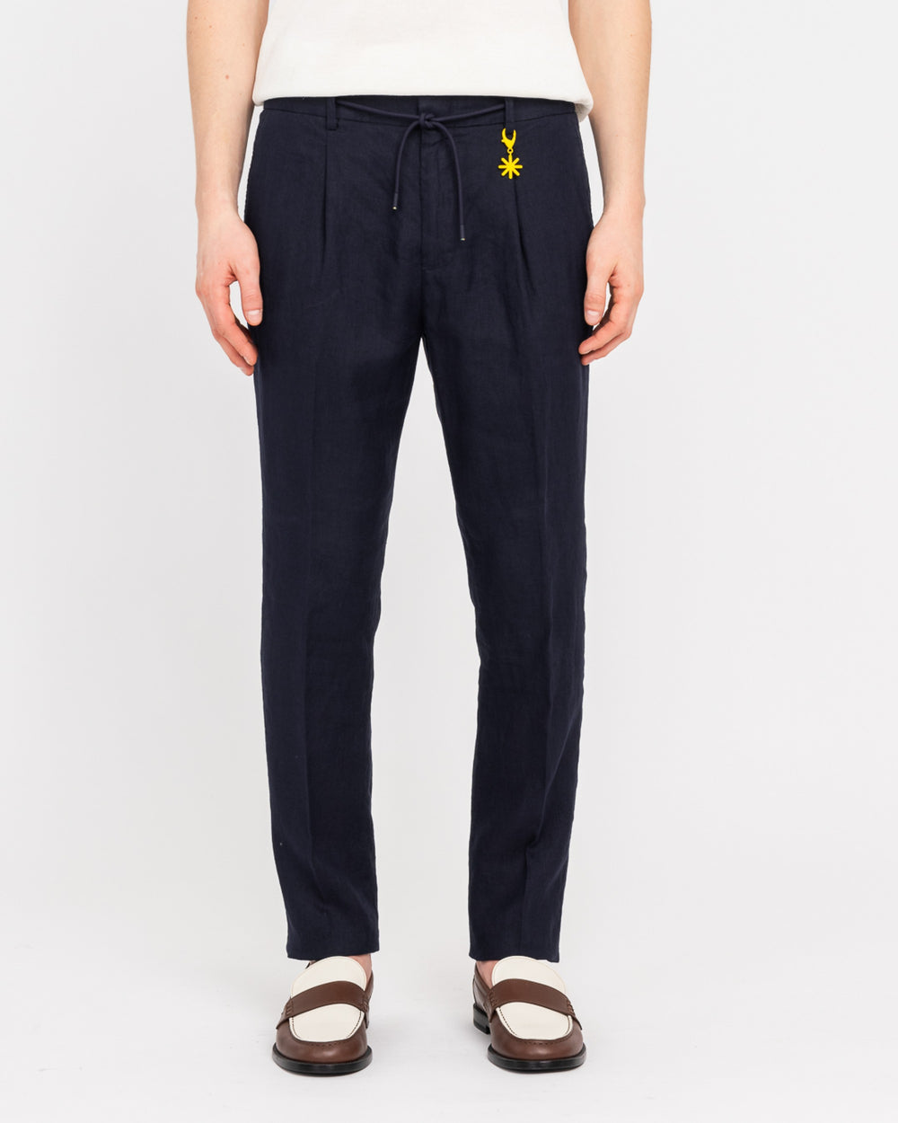 blue washed linen jogging trousers