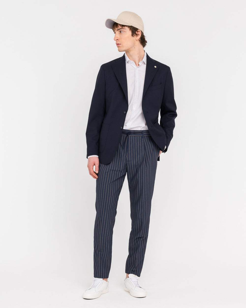 blue viscose blend pinstripe jogging trousers