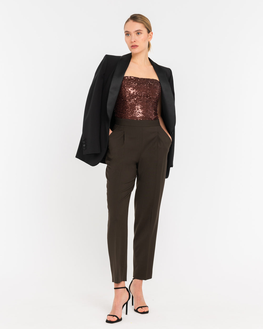 brown sequin bustier jumpsuit in cool wool