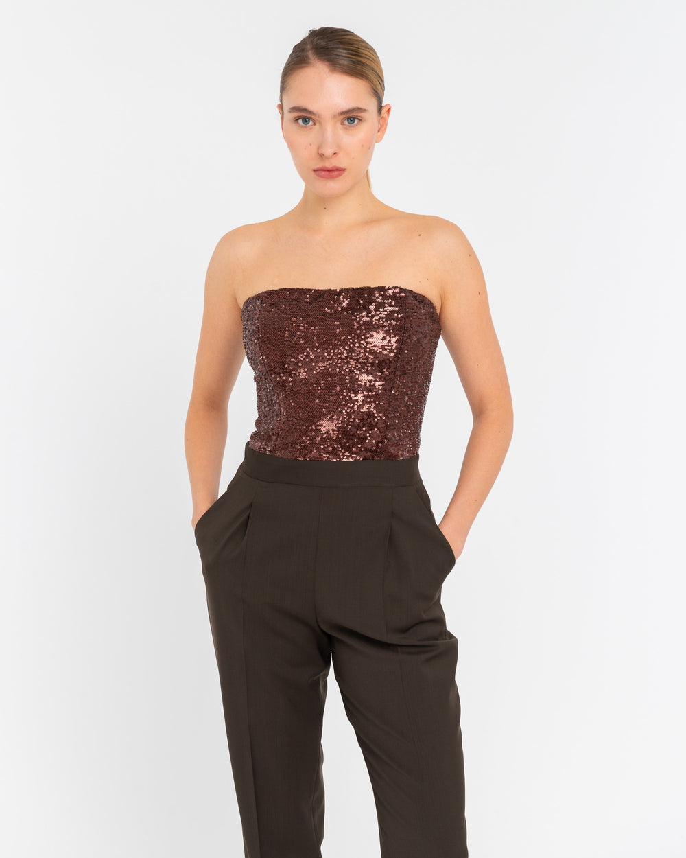 brown sequin bustier jumpsuit in cool wool