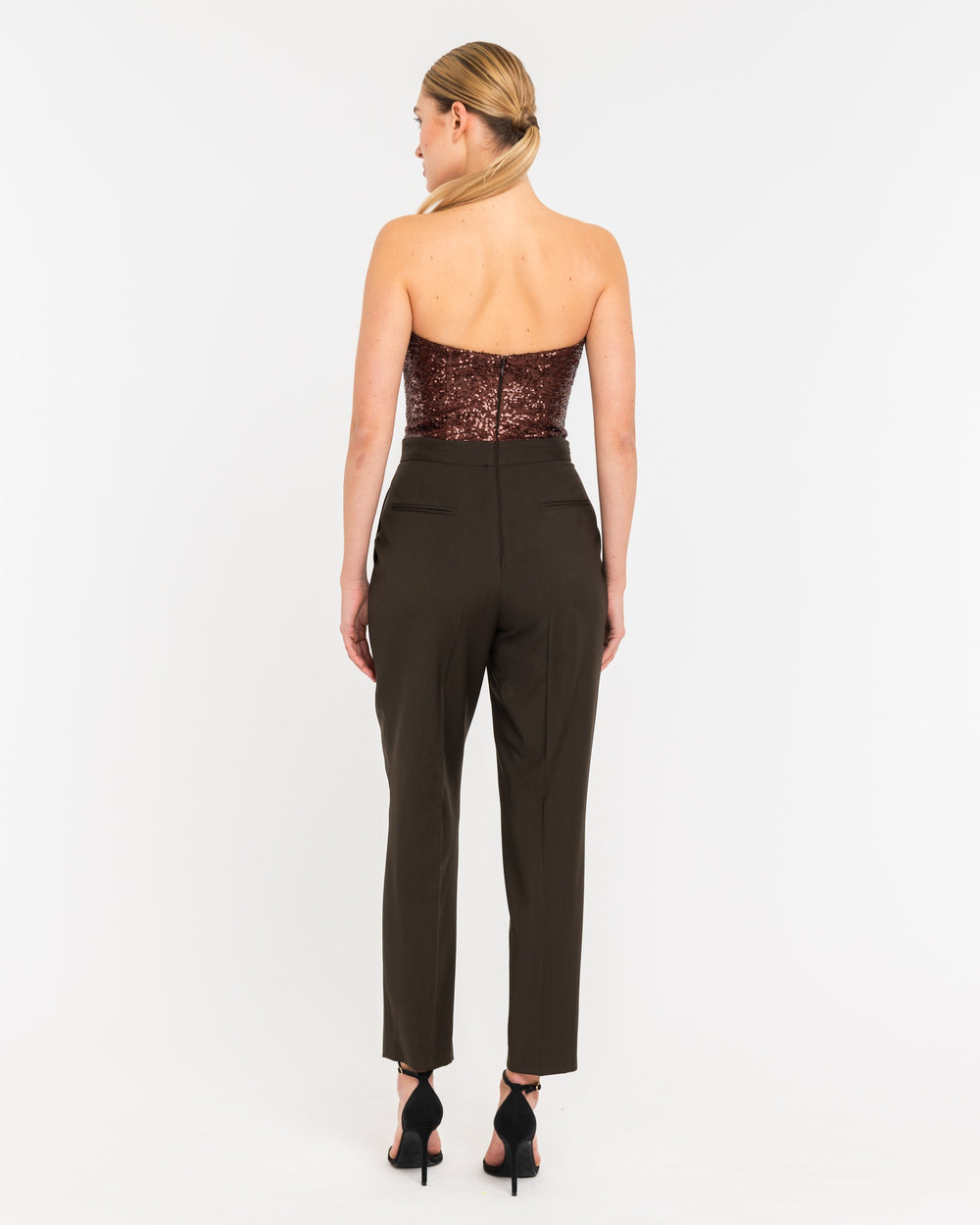 brown sequin bustier jumpsuit in cool wool