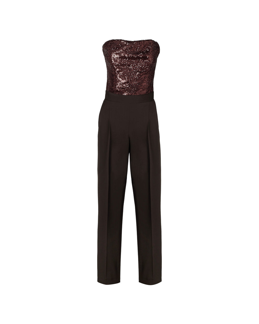 brown sequin bustier jumpsuit in cool wool