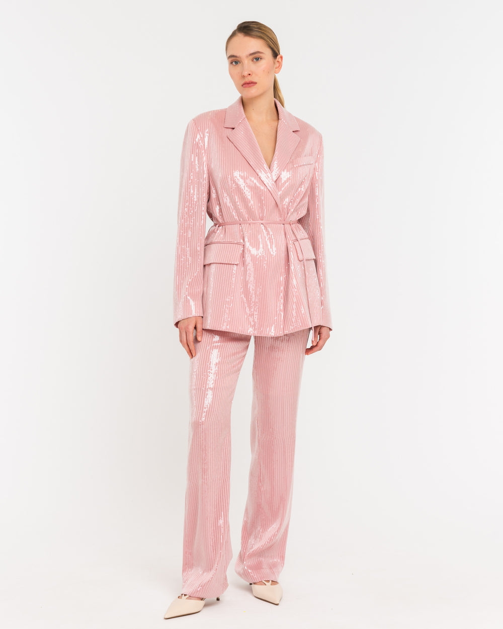 pink micro sequin blazer with belt